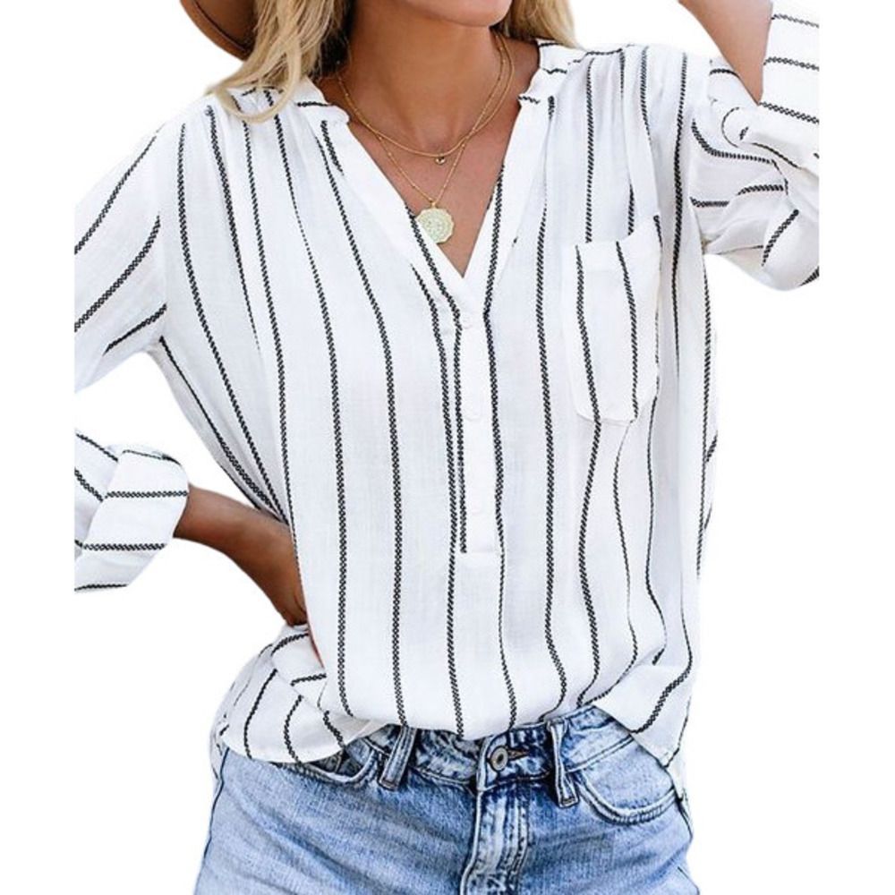 UDEAR White & Black Stripe Button Accent V Neck Top Size M